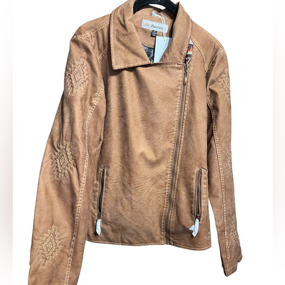 Montana Co Vegan Leather Moto Jacket Aztec Embroidered Sleeve Aztec Accent - Picture 2 of 5